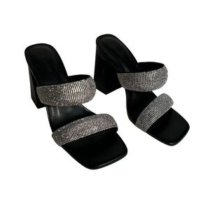 Open Edit Womens Black Rhinestone Double Strap Block Heel Slide‎ Sandals 8.5M